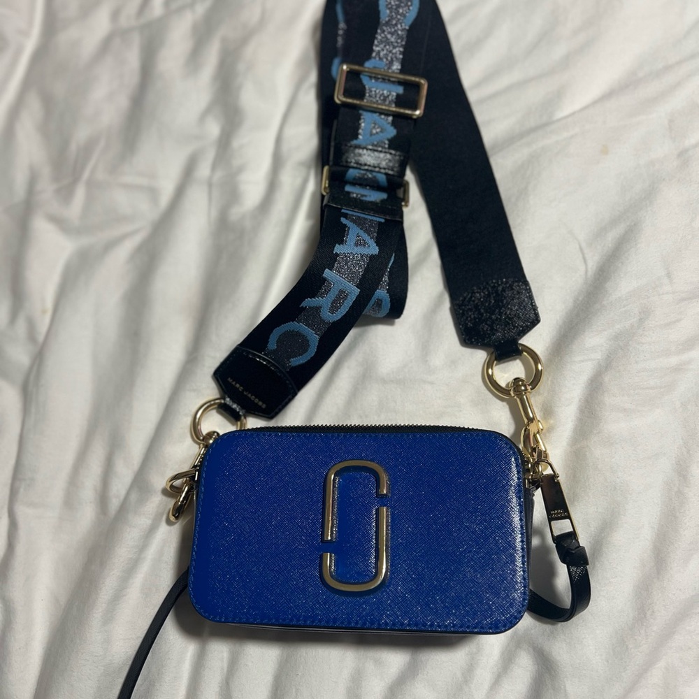 Marc Jacobs Blue and Black Snapshot Crossbody Bag with Metallic Detail